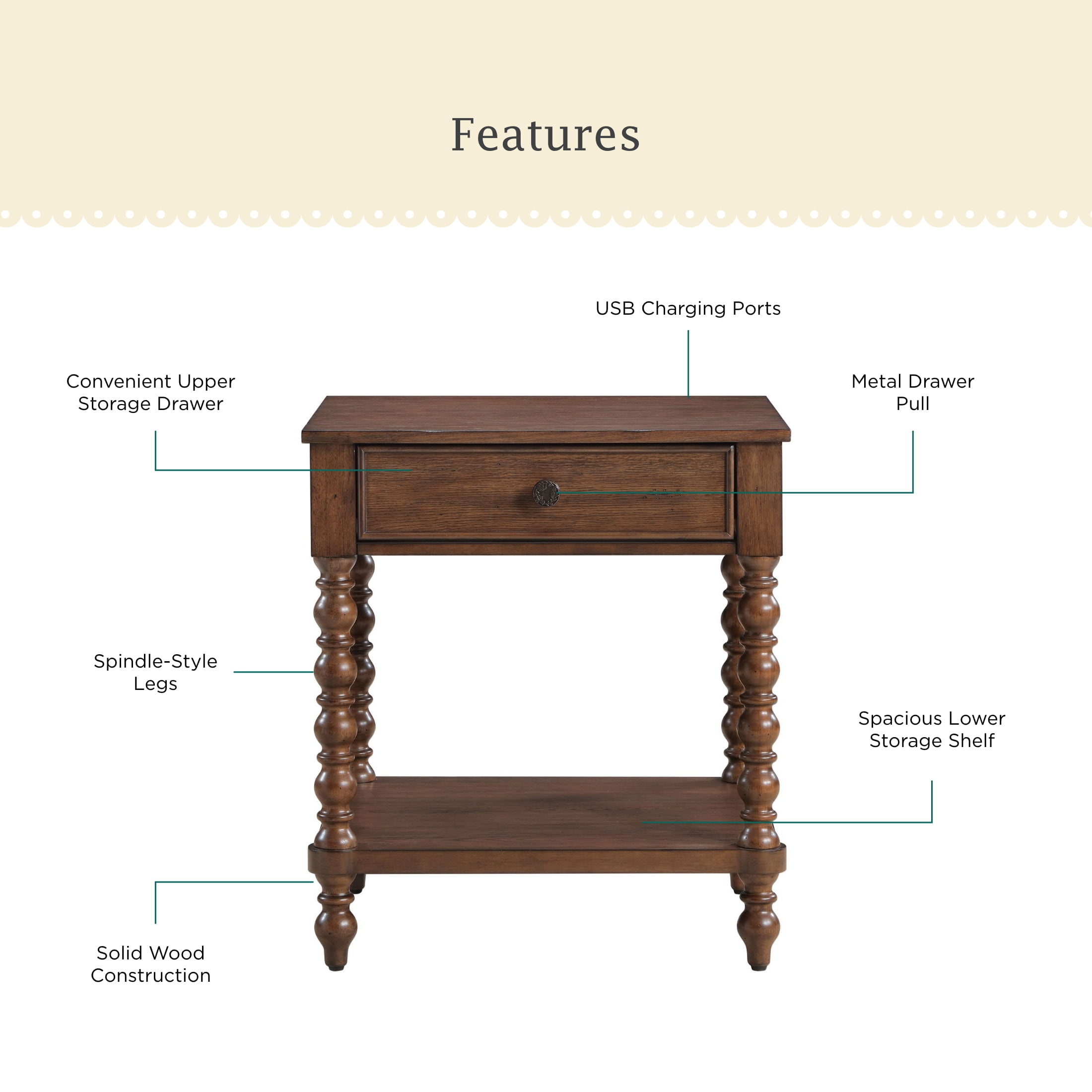 Pioneer Woman Harper Spindle Nightstand with USB Charging Ports, Homestead Brown