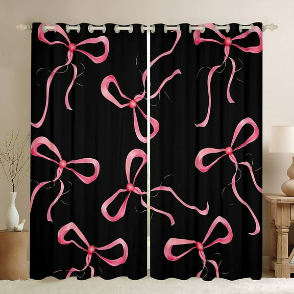 jejeloiu Cartoon Bow Tie Black Out Curtains,Kawaii Bowknot Print Curtains Pack of 2 (42x63 Each),Pink Bowtie Ribbon Bedroom Curtains For Girls Kids,Microfiber Bedroom Decor