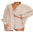 thumbnail image 2 of Women Two-piece Pants Suit  Solid Color Long Sleeve Blouse and Drawstring Elastic Waist Shorts, 2 of 5