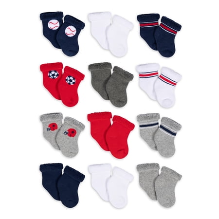 Gerber Baby Boy Terry Wiggle-Proof Socks, 12-Pack (0-3 Months - 6/9 Months)