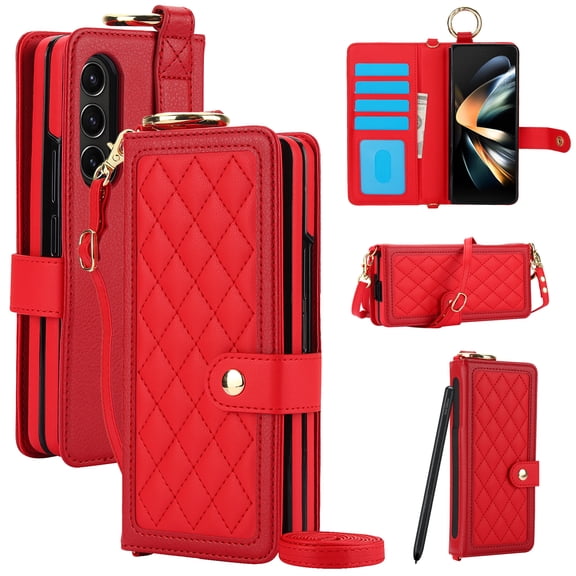 Dteck for Samsung Galaxy Z Fold 7 Wallet Case with S Pen Holder & Crossbody Lanyard Strap & Wrist Strip, Shockproof Stylish Protective Cover for Galaxy Z Fold 7, Red
