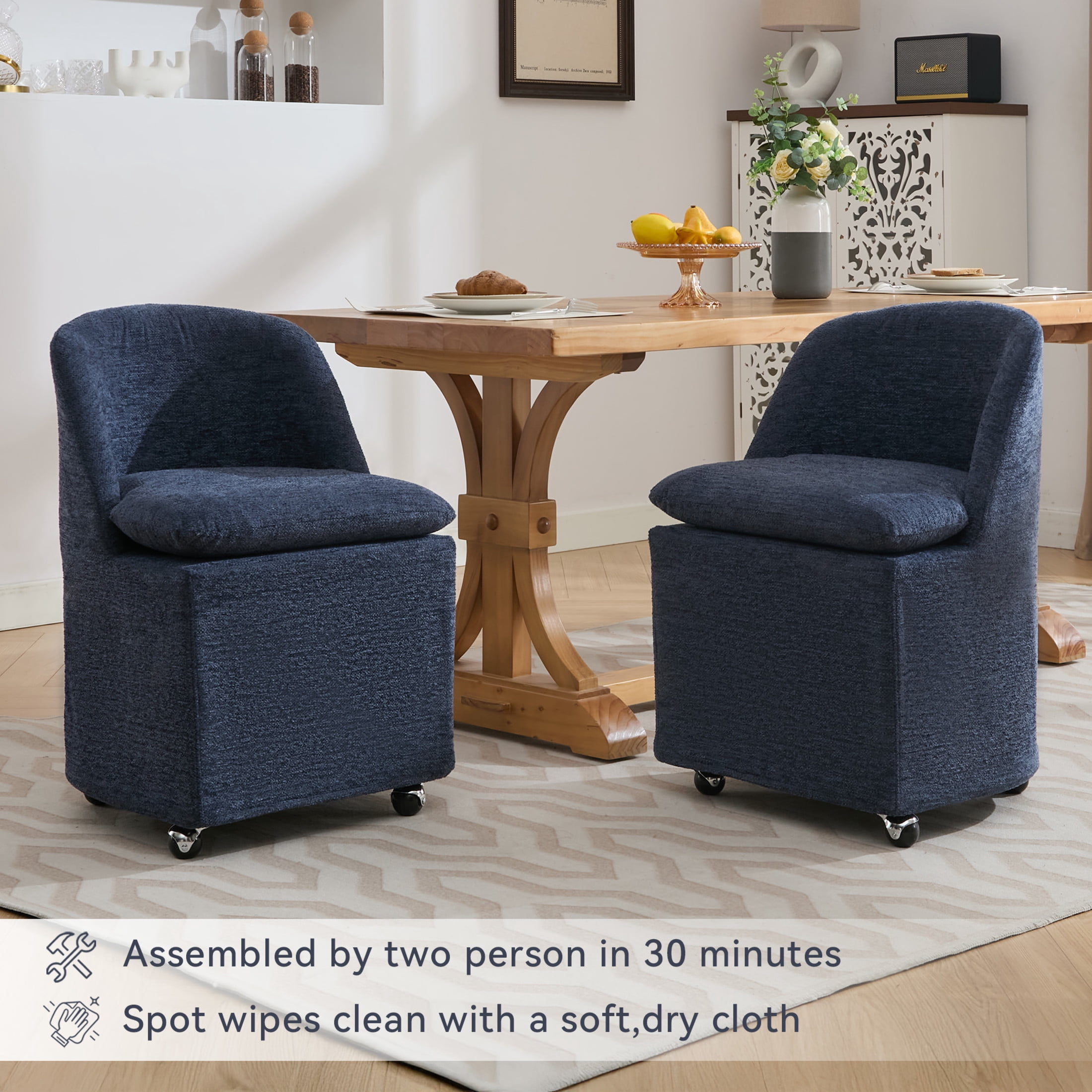 Noble House Amary Chenille Upholstered Dining Chairs with Wheels, 360° Swivel Rolling Chair Set, Blue, Set of 2