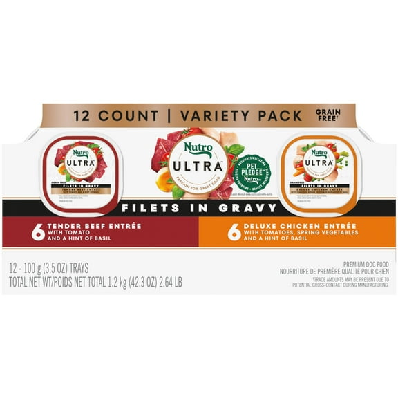 Nutro Ultra Filets In Gravy Beef & Deluxe Chicken Wet Dog Food Variety Pack, (12) 3.5 Oz Trays