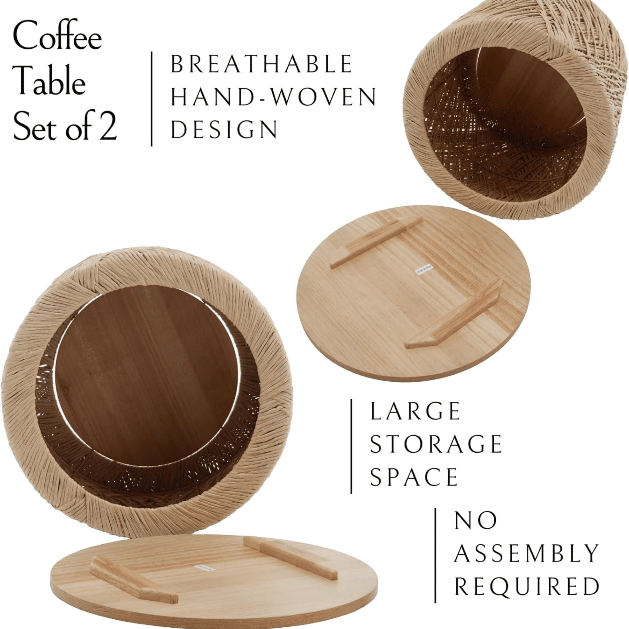 Guyou Nesting Tables Round Natural Wood Drum Coffee Tables with Storage for Living Room Bedroom Small Space, No Assembly Required, Log(Set of 2)