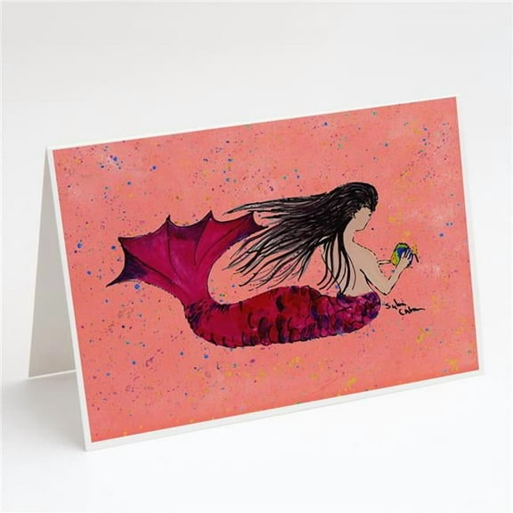 Black Haired Mermaid on Red Greeting Cards & Envelopes - Pack of 8