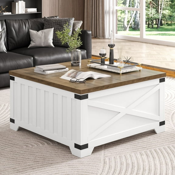 Homfa Coffee Table with Large Hidden Storage, Farmhouse Square Wood Center Table with Hinged Lift Top, White & Brown