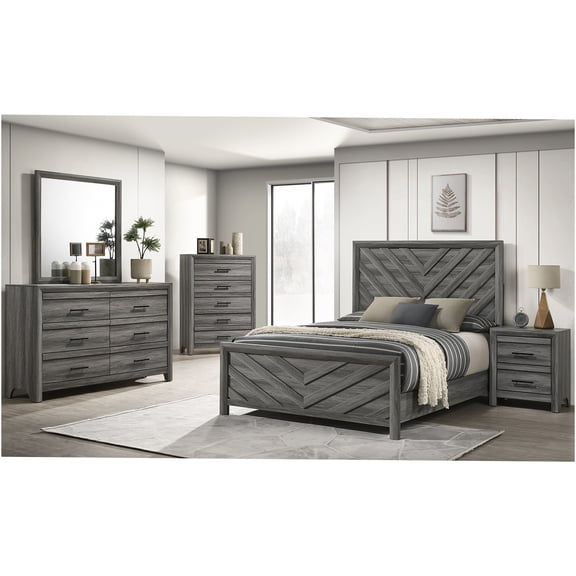 JERFIT 5-Piece Full Bedroom Set in Gray, Modern Wood Bed Frame with Dresser, Chest, Nightstand & Mirror