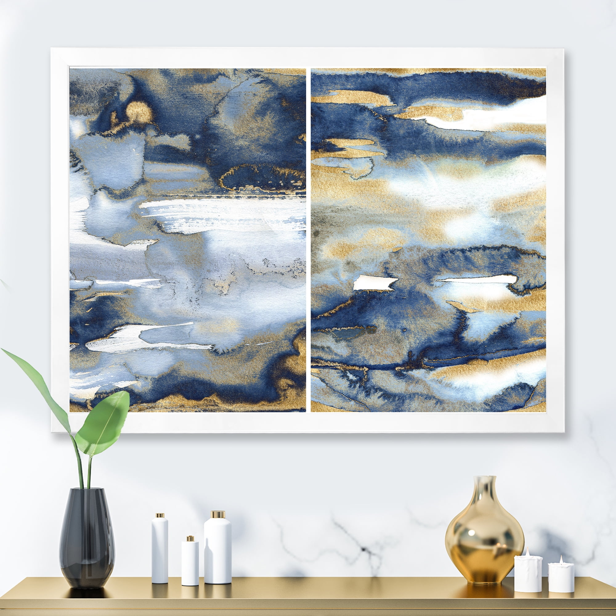 Designart 'Gold and Dark Blue Abstract II' Modern Framed Art Print