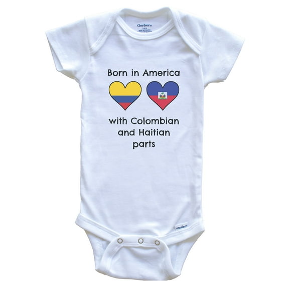 Born in America with Colombian and Haitian Parts Funny Colombia Haiti Flags Baby Bodysuit, 0-3 months white
