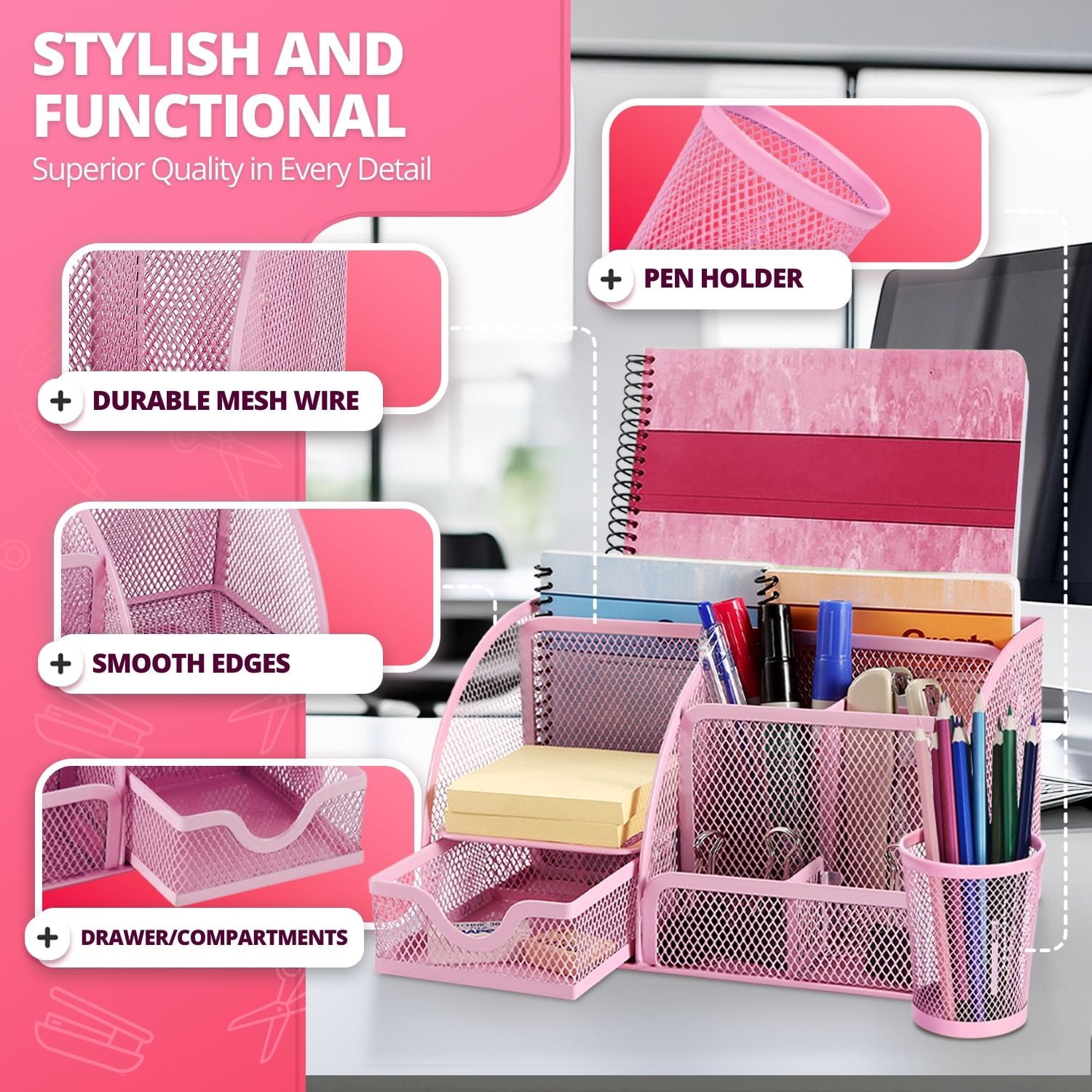 Desk Organizer Office Supplies Accessories Desktop Tabletop Sorter Shelf Pencil Holder Caddy Set - Metal Mesh with Drawer and 6 Compartments (Pink)