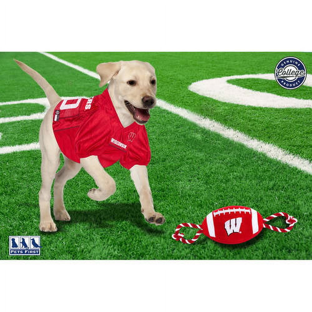 Pets First NCAA Wisconsin Badgers Strong, Durable, Chewable Football Dog Toy with Inner Squeaker and Side Ropes, Officialy Licensed