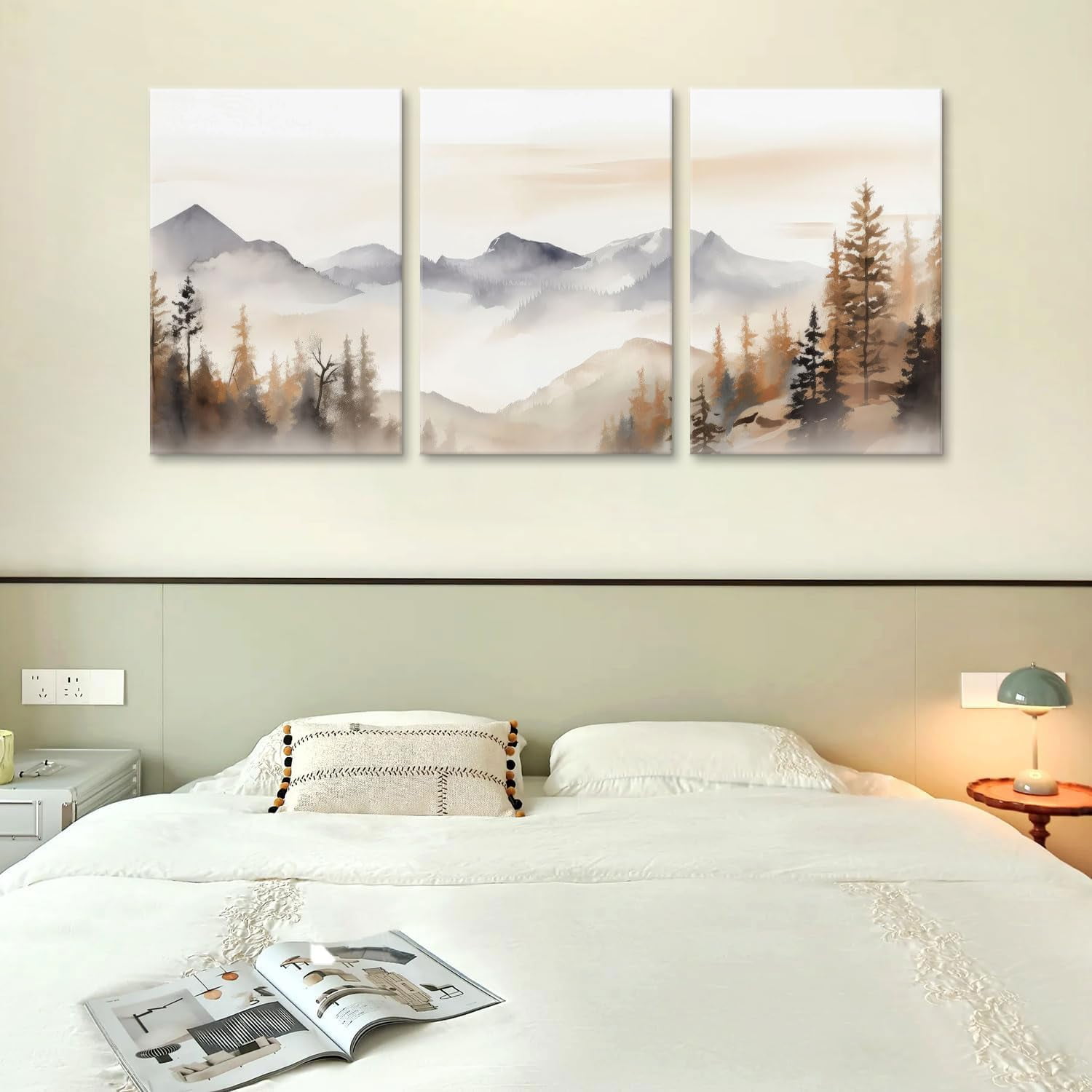 Mountain Wall Art,Mountain Wall Decor,Neutral Landscape Canvas Wall Art, Forest Painting Prints Set of 3 Nature Watercolor Picture Poster for Living Room Bedroom Bathroom 12"x16" Framed
