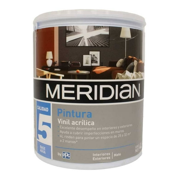 Pintura Meridian Mate para Interiores y Exteriores Vinil Acrílica 4 Litros