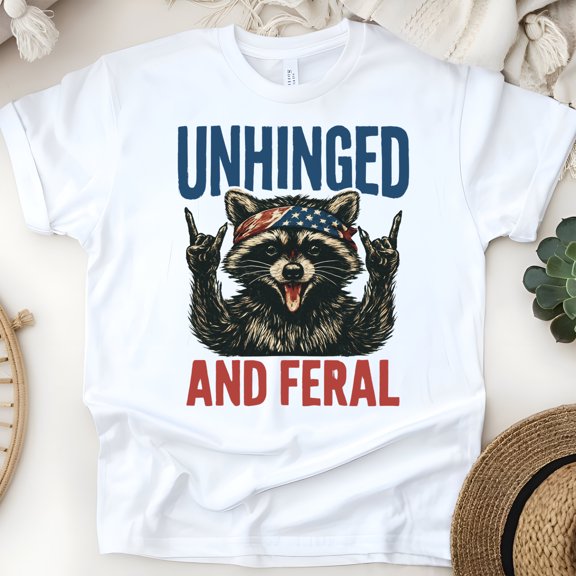 Unhinged and Feral Raccoon T-Shirt | Funny USA Rock n' Roll Graphic Tee, White, Size S
