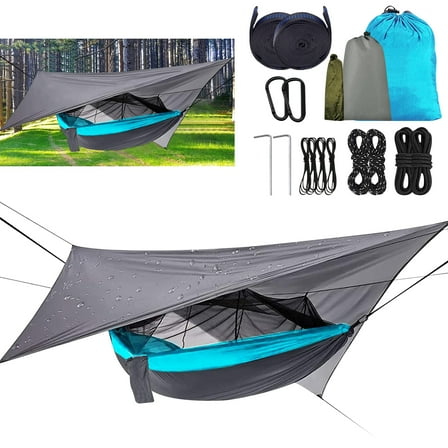 Double Camping Hammock with Net, Portable & Lightweight Nylon Hammock Tent for Backpacking, Travel, Beach, Camping, Hiking, Backyard (Gray/Blue)
