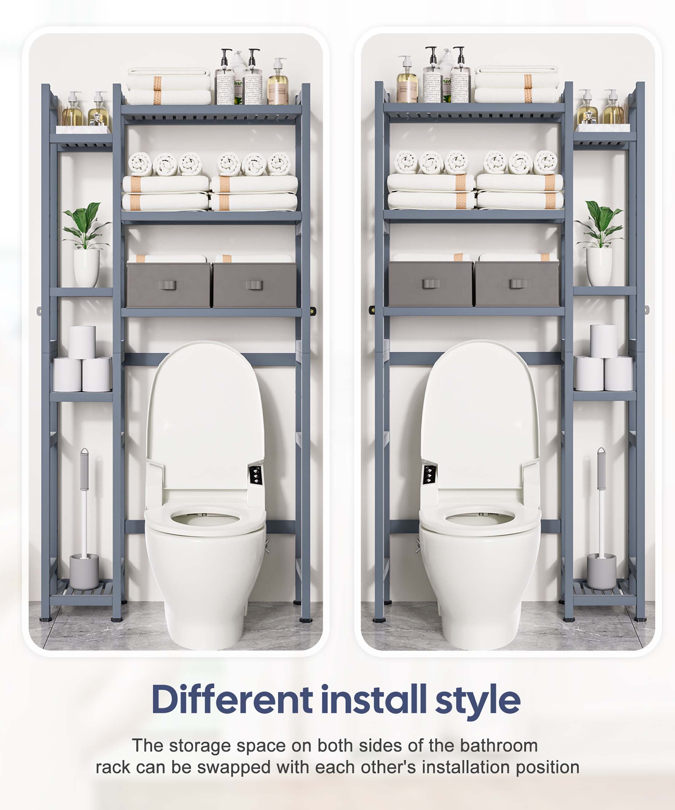 Enogets Over the Toilet Storage, Bamboo Bathroom Organizer with Adjustable Rack, Basket, Drawer & Waterproof feet