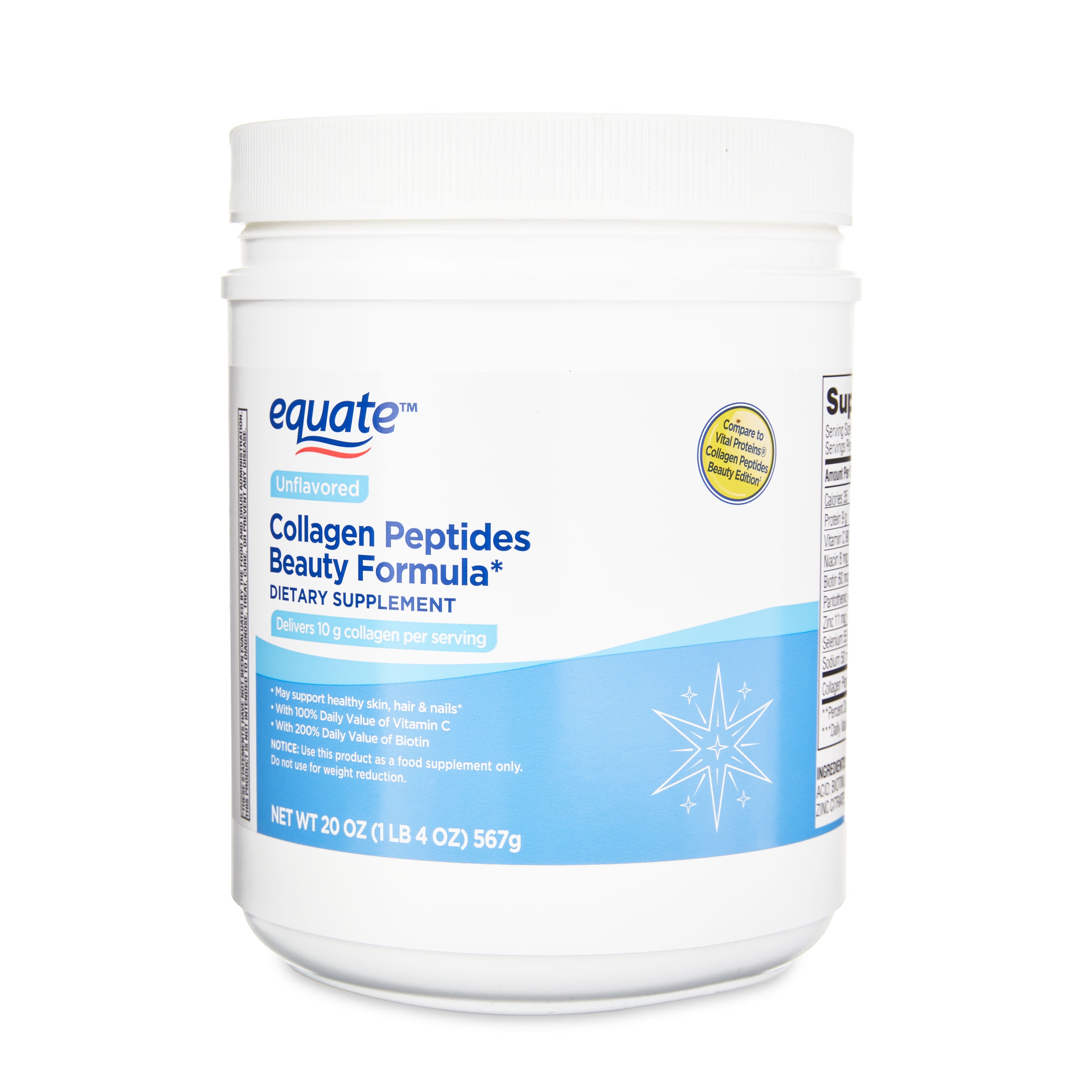 Equate Collagen Peptides Beauty Formula* Dietary Supplement, Unflavored, 10 g Collagen, 20 oz