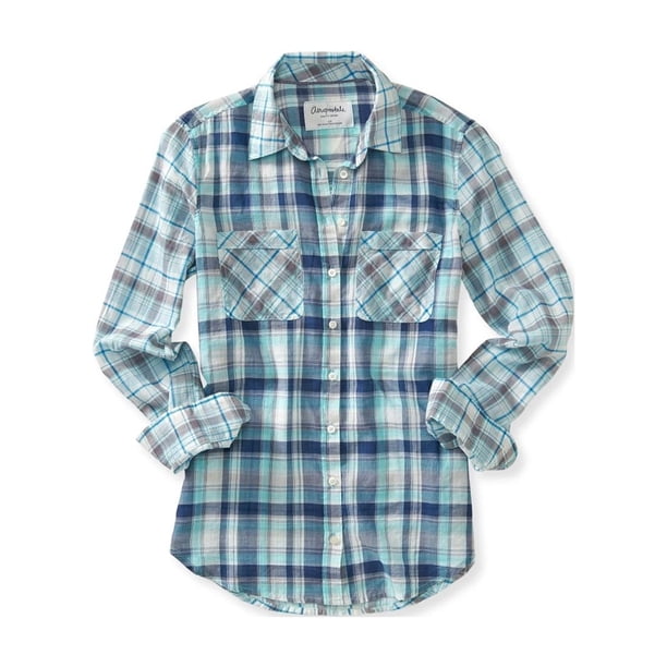 Aeropostale - Camisa con botones y mezcla de cuadros transparentes para mujer, azul, extragrande