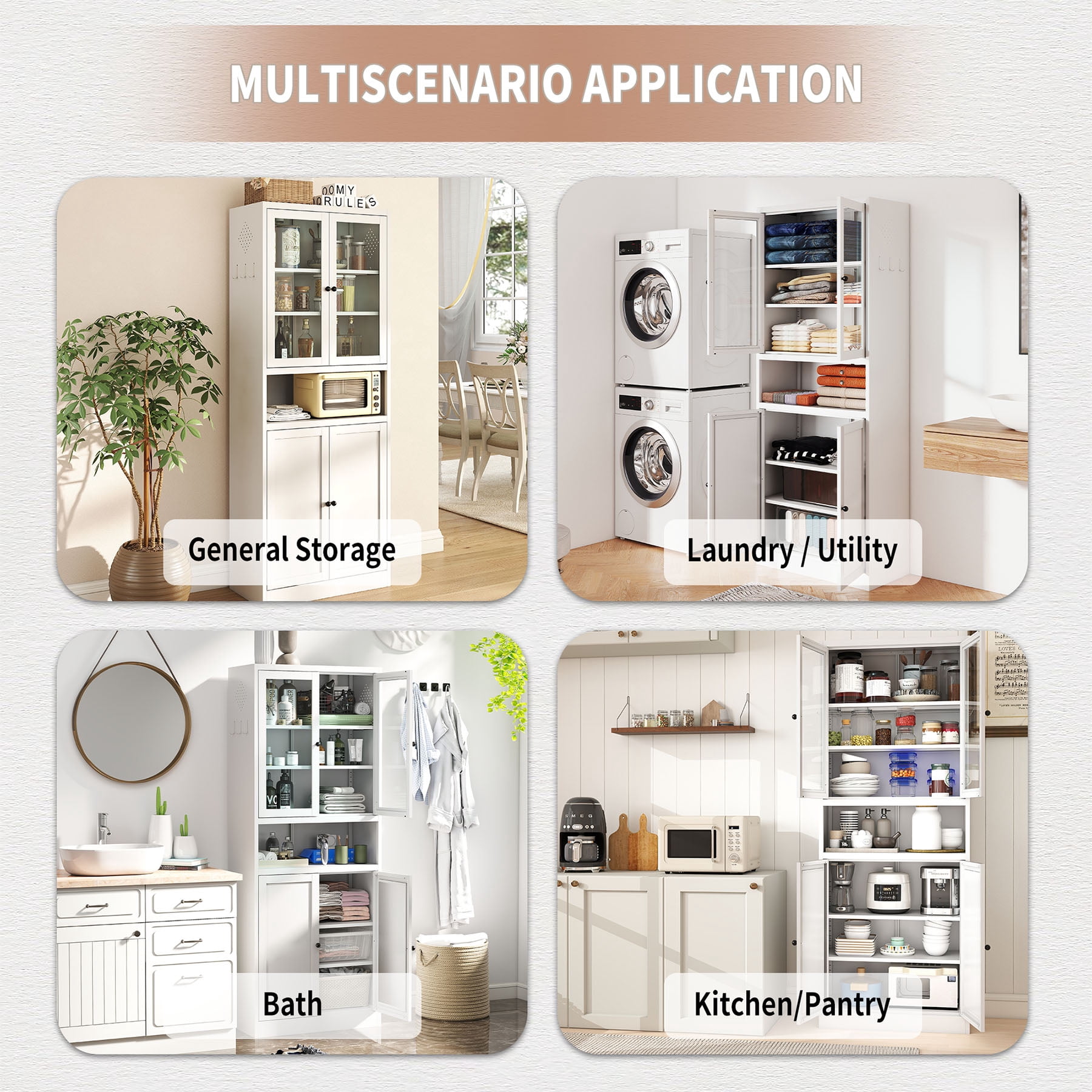 S-HOME Freestanding Metal Kitchen Pantry Cabinet - 72 Inch Tall White Storage with Adjustable Shelves for Kitchen or Bathroom