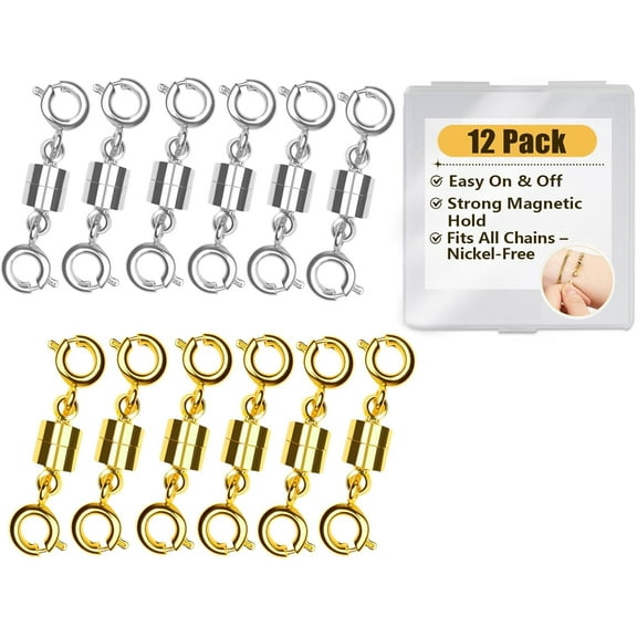 Magnetic Necklace Clasps and Closures with Lobster Clasp, 14K Gold & Silver Magnetic Jewelry Extender for Necklaces & Bracelets, Easy-to-Use for Jewelry Closures (12Pcs | Slingshot Buckle)