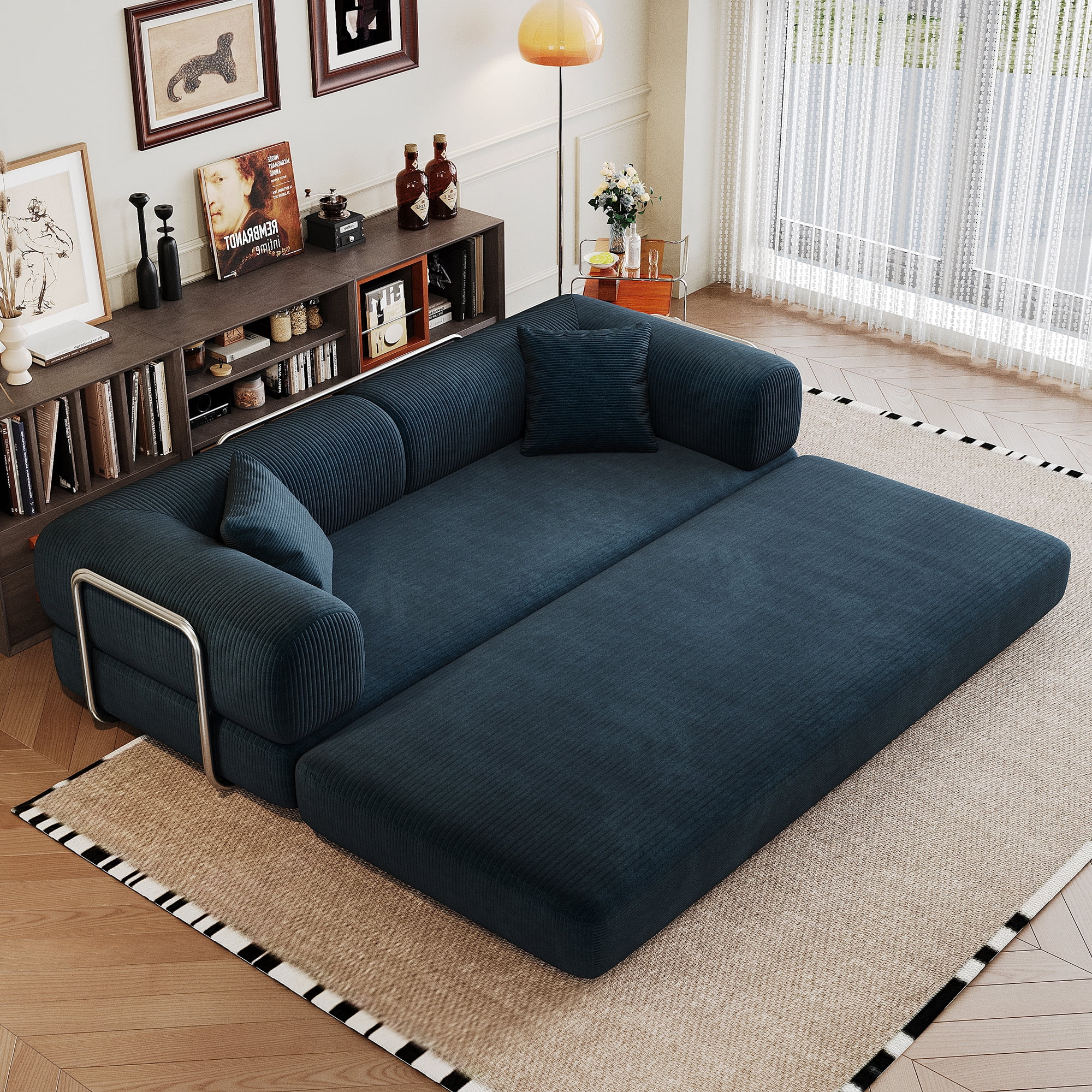 Miniyam 79" Compression Sofa, Convertible Floor Sofa Bed-with Pillow Back Support Armrest for Living Room, Bedroom, Blue