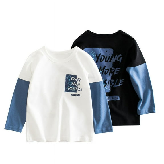 Bellafa Toddler Little Boys Long Sleeve T-shirt 2-pack Kids Crewneck Patchwork Sleeve Tee Shirts Tops Tee Clothes For Children 2-8 Years