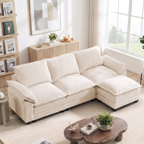 Daeorio 96" Modular Sectional Sofa,Corduroy Cloud Couch Wide Armrests 3 Seater Soft Deep Seat Double Cushion Upholstered Couch for Living Room(Beige)