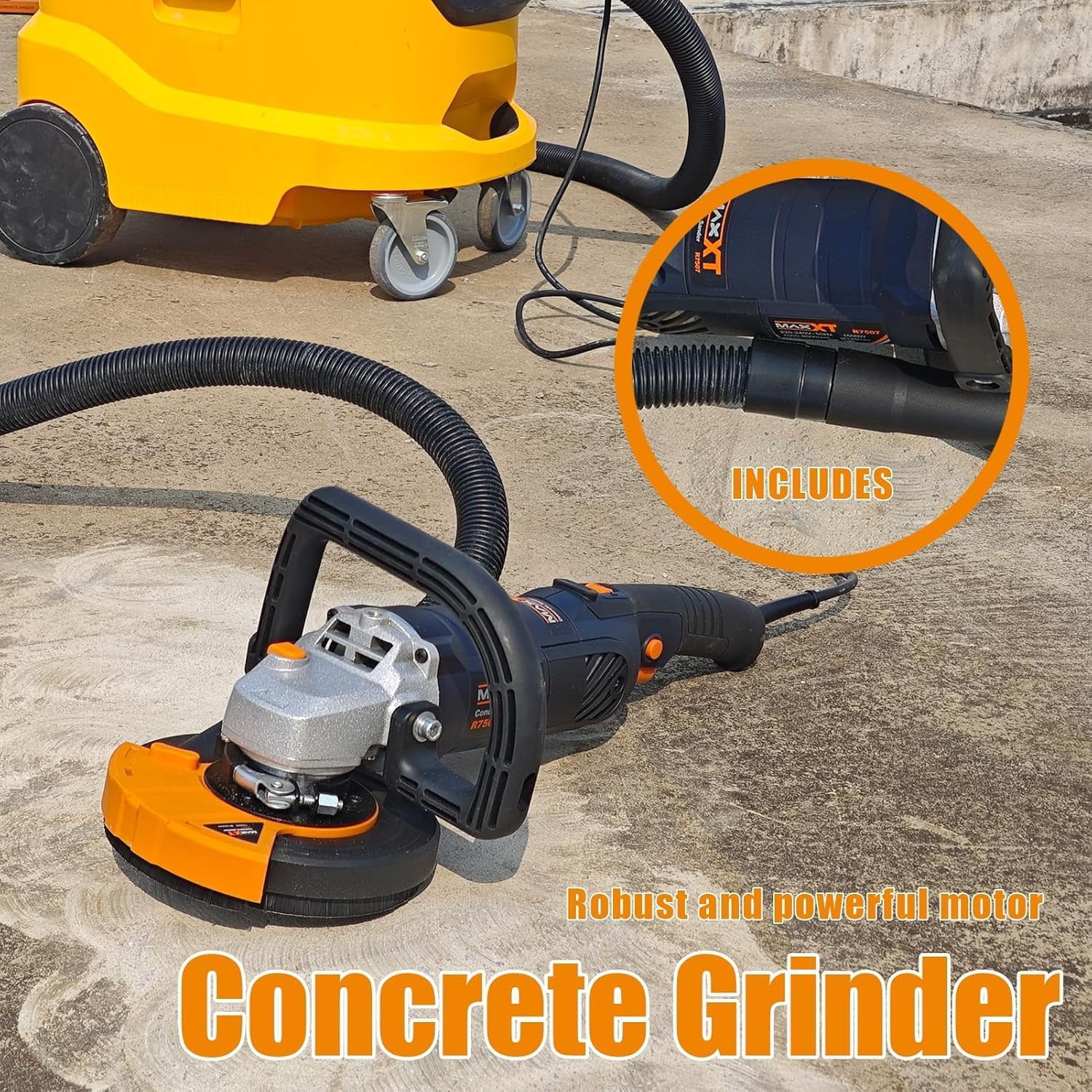 MAXXT 5" Concrete Surfacing Grinder, 1500W 14A, 7-Speed Adjustable Angle Grinder Kit with Diamond Disc & Guard, for Stone Cement Marble Granite