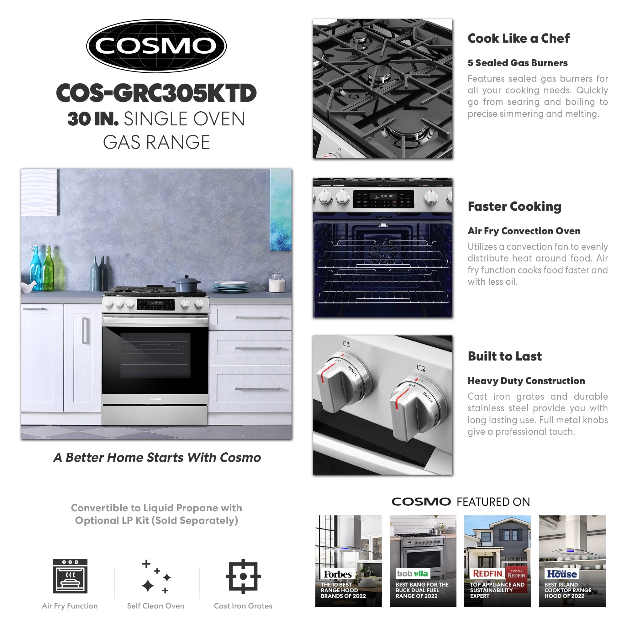30 in Freestanding 6.1 cu ft Gas Range with 5 Sealed Burners in Stainless Steel