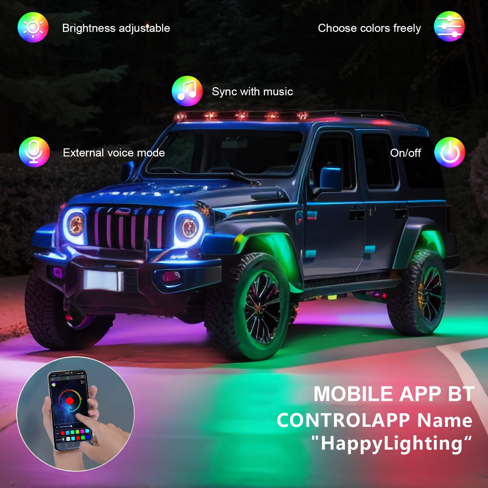 Multicolor LED Lights Lights LED Rock Lights 8pcs Multicolor LED Lights Brightness Adjustment Waterproof with APP BT Sync with Music Function for SUV ATV UTV