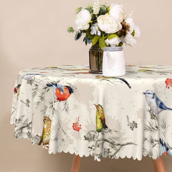 Mizhona Country Round Tablecloth,Vintage Bird Plants Table Cloth for Kitchen Party Outdoor Decor,60"