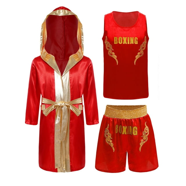 TiaoBug Boys Boxing Outfit Roleplay Costume Satin Hooded Belted Boxing Robe with Sleeveless Tank Tops Shorts Set Red 16