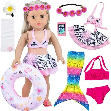 UNICORN ELEMENT 11 Pcs 18 Inch Girl Doll Clothes and Accessories Set Including Colorful Mermaid Swimsuits  Mobile Phone  Hairpin  Swimming Circle Randomly Send a Bag or Not.