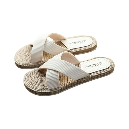 

Wandatree Womens Hemp Rope Flat Sandals Braided Cross Belt Beach Slippers