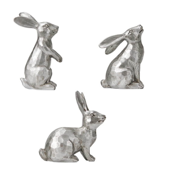 Silver Easter Bunny Figurine Set of 3, Whimsical Resin Rabbit Statue Tabletop Ornament Spring Decor for Easter Party, Mantel & Shelves Holiday Decorations