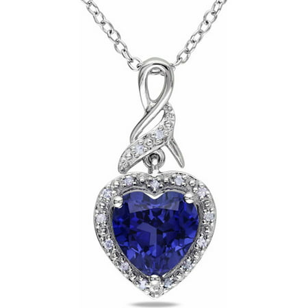 2-1/4 Carat T.G.W. Created Blue Sapphire and Diamond-Accent Sterling Silver Heart Pendant, 18