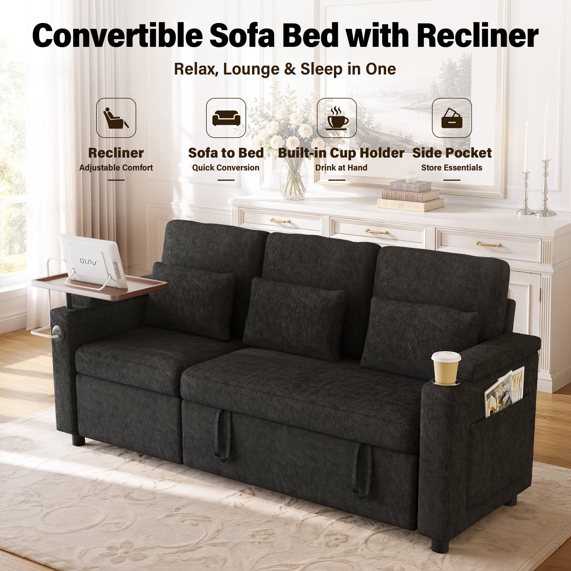 Aukfa 81" Convertible Sleeper Sofa,Chenille 3-in-1 Sofa Bed with Recliner,Center Table,USB Ports & Storage Armrests,Black