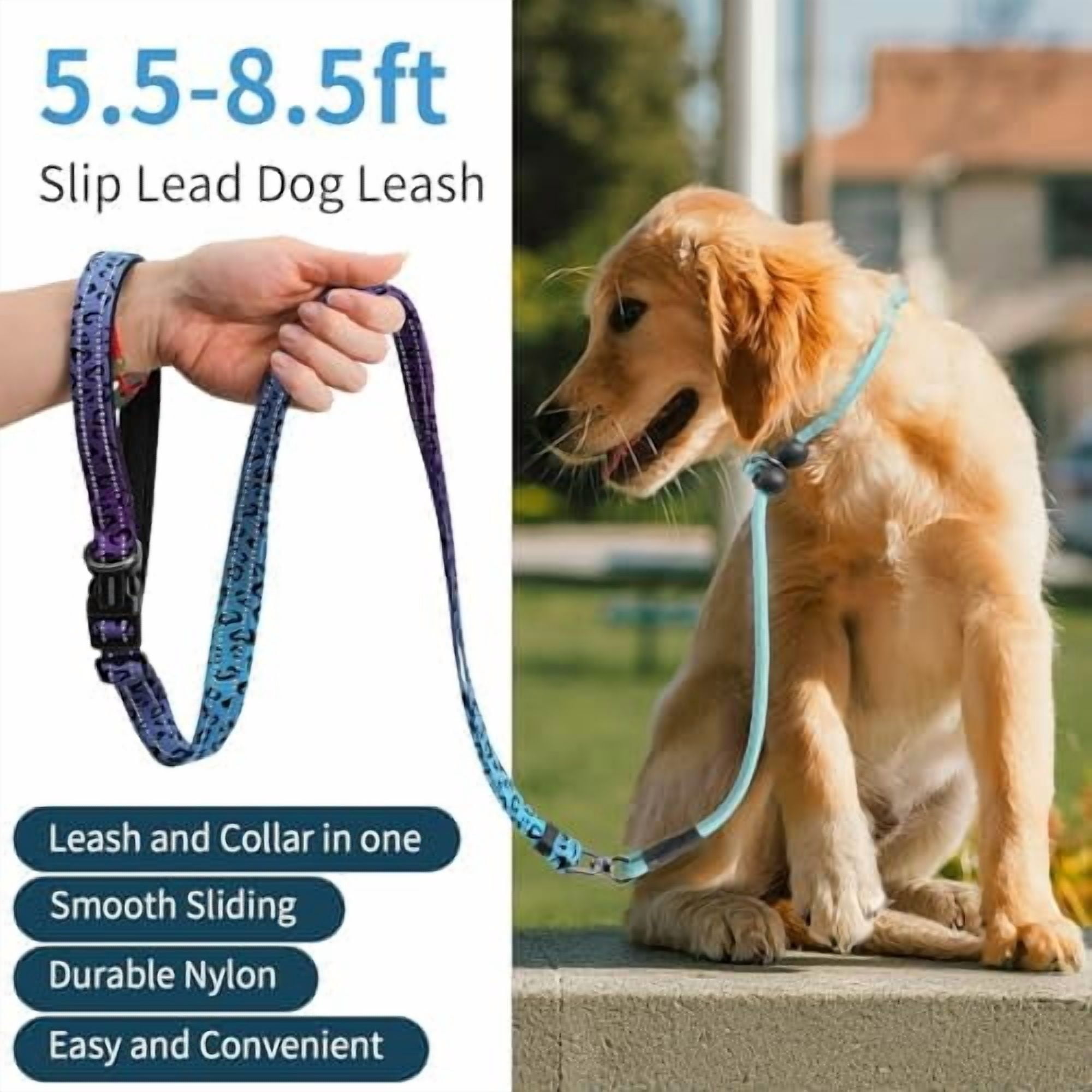 Slip Lead Dog Leash, Hands-Free No Pull Training Leash with Padded Handle for Medium Large Heavy Duty Dogs, Blue Leopard