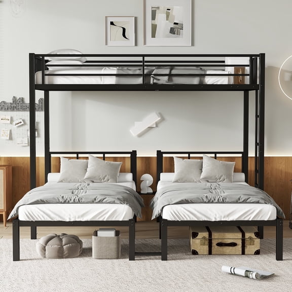 Bellemave Triple Bunk Bed Twin over Twin and Twin Metal Bunk Bed with Storage Shelf 3 Beds in 1 Convertible Bunk Beds for 3 Kids Teens Boys Girls, Black