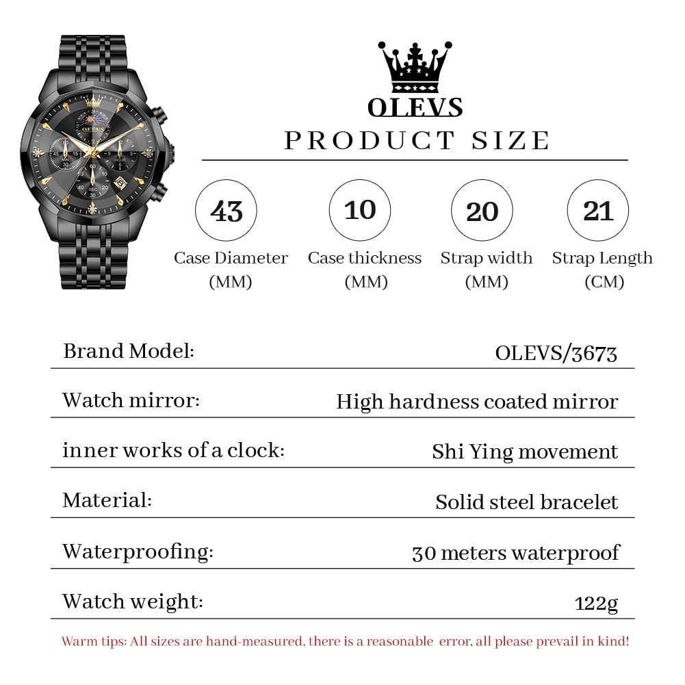 OLEVS Watches For Men Business Dress Luxury Casual Chronograph Multifunction Analog Quartz Stainless Steel Waterproof Luminous Moon Phase Date Men Wrist Watches Reloj Para Hombre Black Dial
