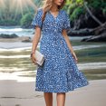 thumbnail image 4 of ITSAME Womens Flare Dress, Leopard Buttons V Neck Short Sleeve Drawstring Waist Pleated Flowing Dress Blue M, 4 of 6