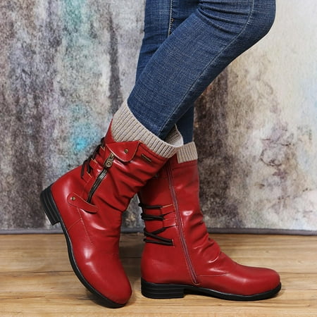 

YOTAMI Women s Shoes Boots Vintage Winter Zipper Mid-Calf Lace Up Slip On Retro Shoes Vacation Red 7.5