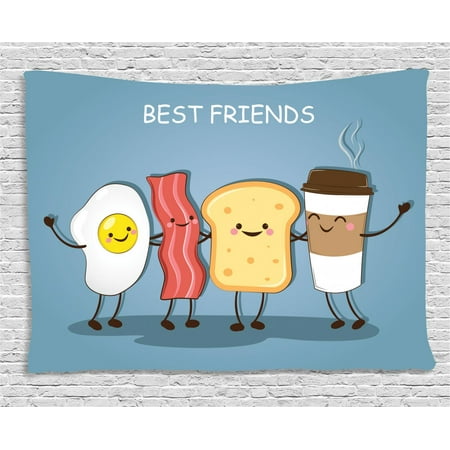 Bacon Tapestry, Cute Image of an Egg Bacon Toast Bread and Cup of Coffee as Morning Best Friends, Wall Hanging for Bedroom Living Room Dorm Decor, 60W X 40L Inches, Multicolor, by