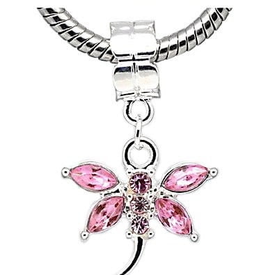 Sparkle Dangle Beads Pink Crystal Dragonfly Charm Dangle European Bead Compatible for Most European Snake Chain Bracelet ()