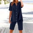 thumbnail image 5 of GILIGEGE Linen Sets for Women 2 Piece Summer Women's Solid Color Fashion Casual Cotton Linen Pocket Long Sleeve Shirt Short Jacket Suit Lounge Beach Vacation Two Piece Outfits Tracksuits Dark Blue L, 5 of 8