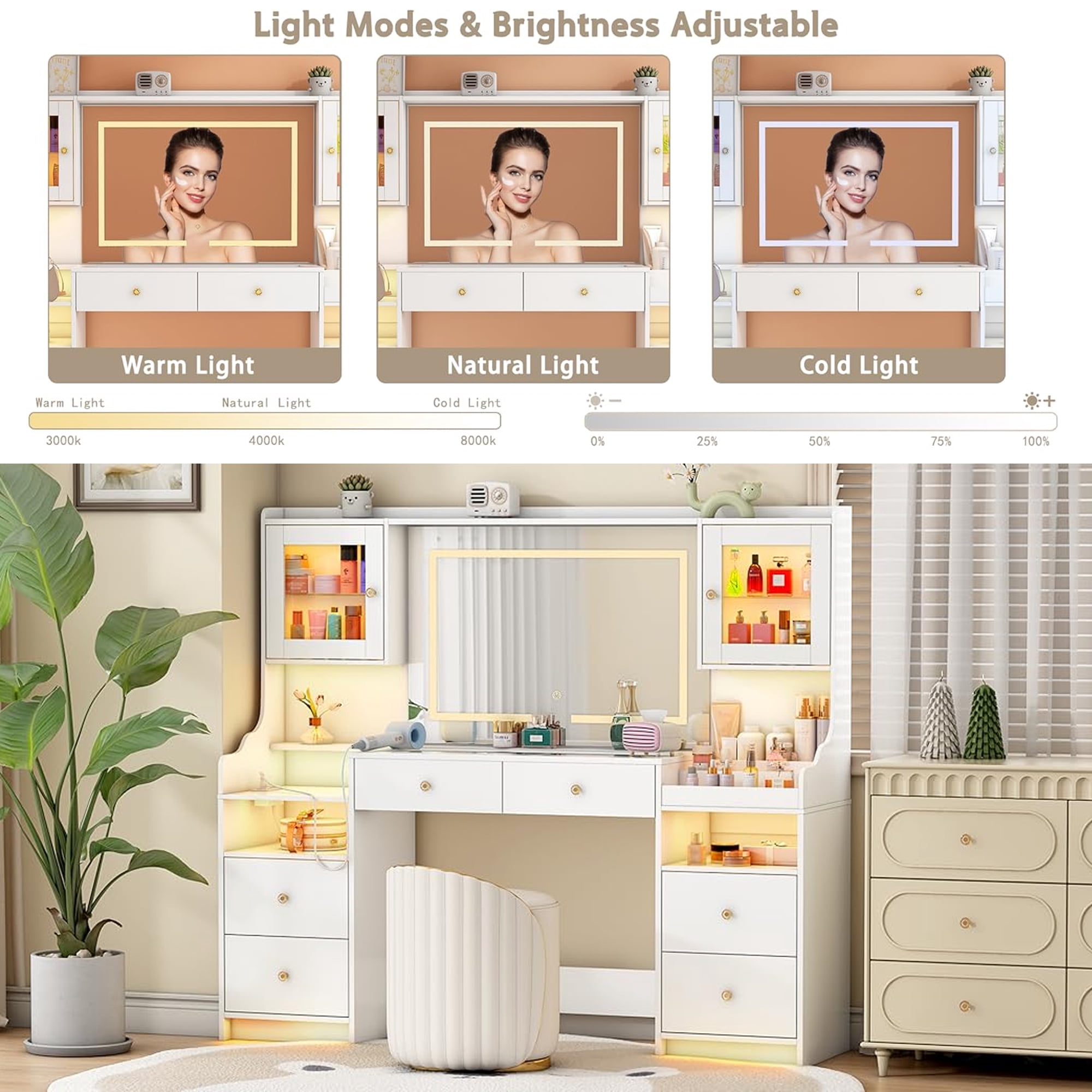 Pipleo 62" Large White Vanity Desk with Glass Top, Makeup Vanity with Mirror and LED Lights, One Piece Controls 3 Lighting Modes, 4 Drawers Vanity with 2 Cabinets and Power Outlet for Women, Girls