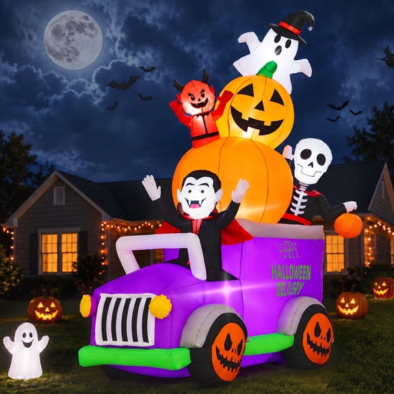 Areker 8FT Parade Truck Halloween Inflatable Yard Decor,Built‑in LED Lights,Spooky Pumpkin,Ghost,Skeleton,Vampire and Devil Blow Up Decoration for Outdoor Lawn,Garden,Holiday Halloween Party Decor