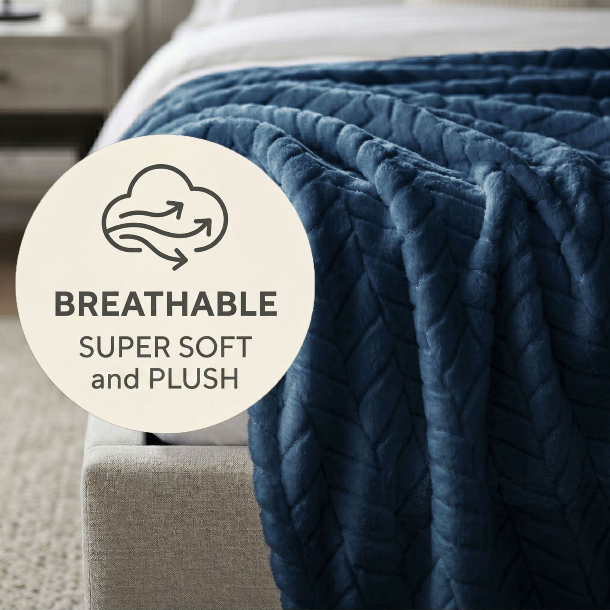 Superior Hope Herringbone Fluffy Fleece Blanket, Full Queen Size, Navy Blue