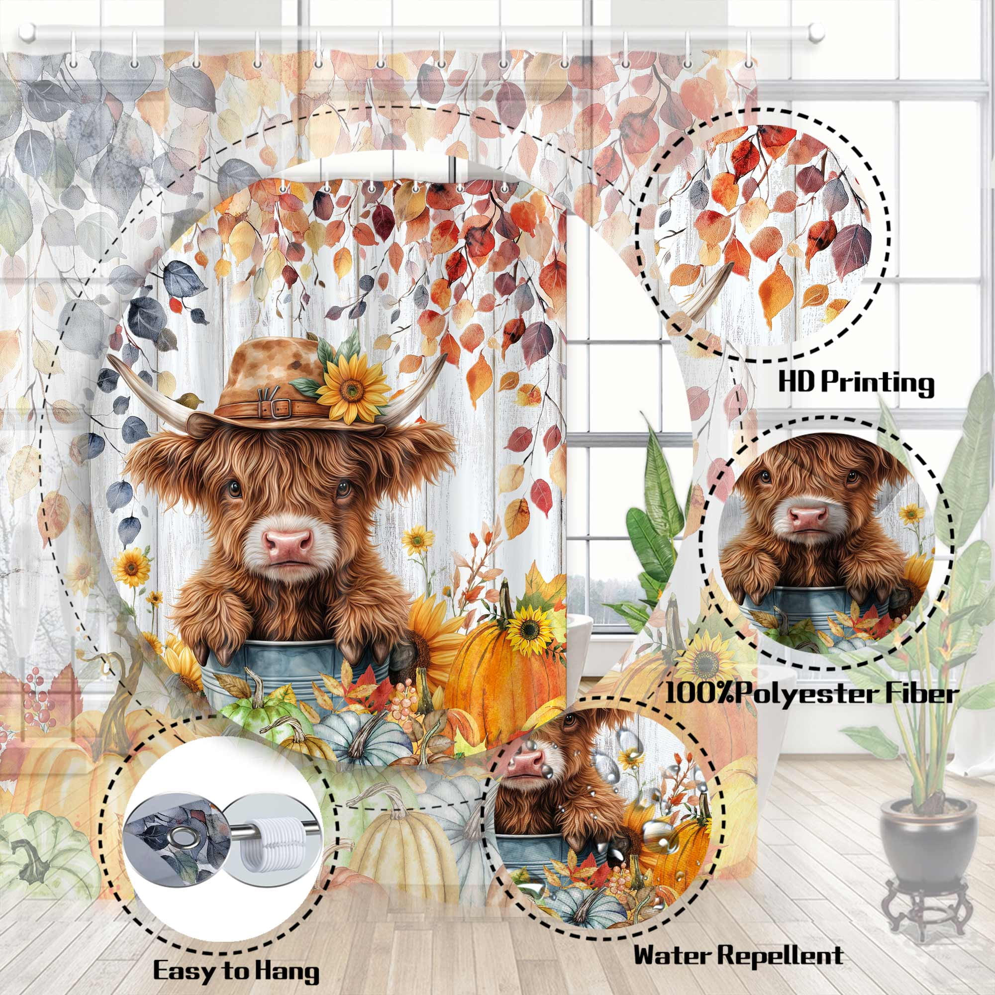 Fall Highland Cow Shower Curtain, Autumn Pumpkin Harvest Maple Leaves Wooden Western Bath Curtain, Funny Animals Thanksgiving Farmhouse Bathroom Shower Curtain Set with Hooks, 70X85in