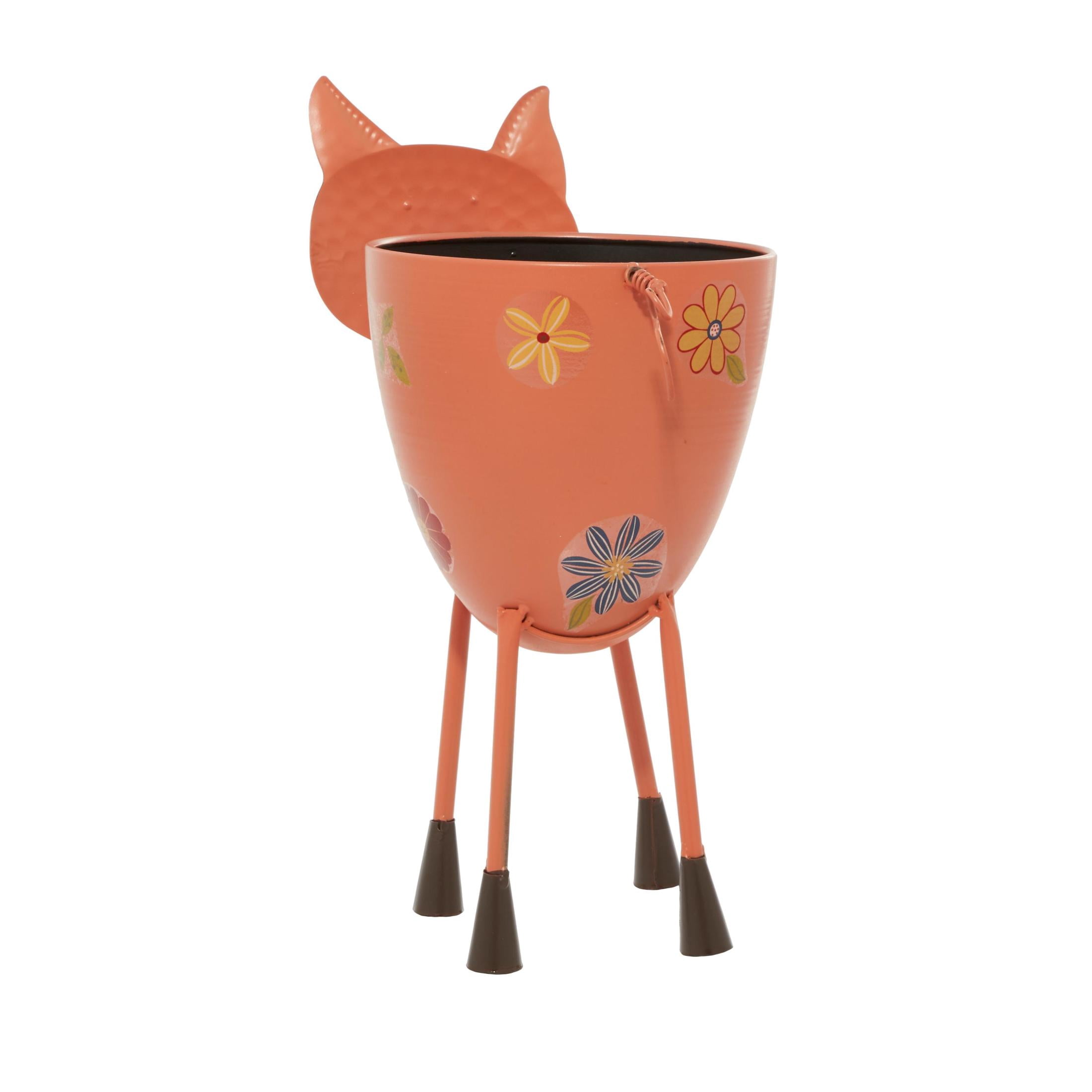 DecMode Pink Metal Pig Indoor Outdoor Planter with Floral Accents, 8" x 14" x 16"